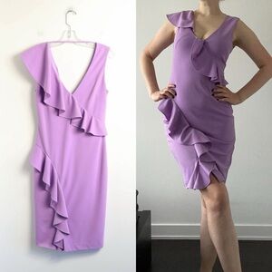 Belle Badgley Mischka cocktail sheath dress lilac lavender pastel frill Medium